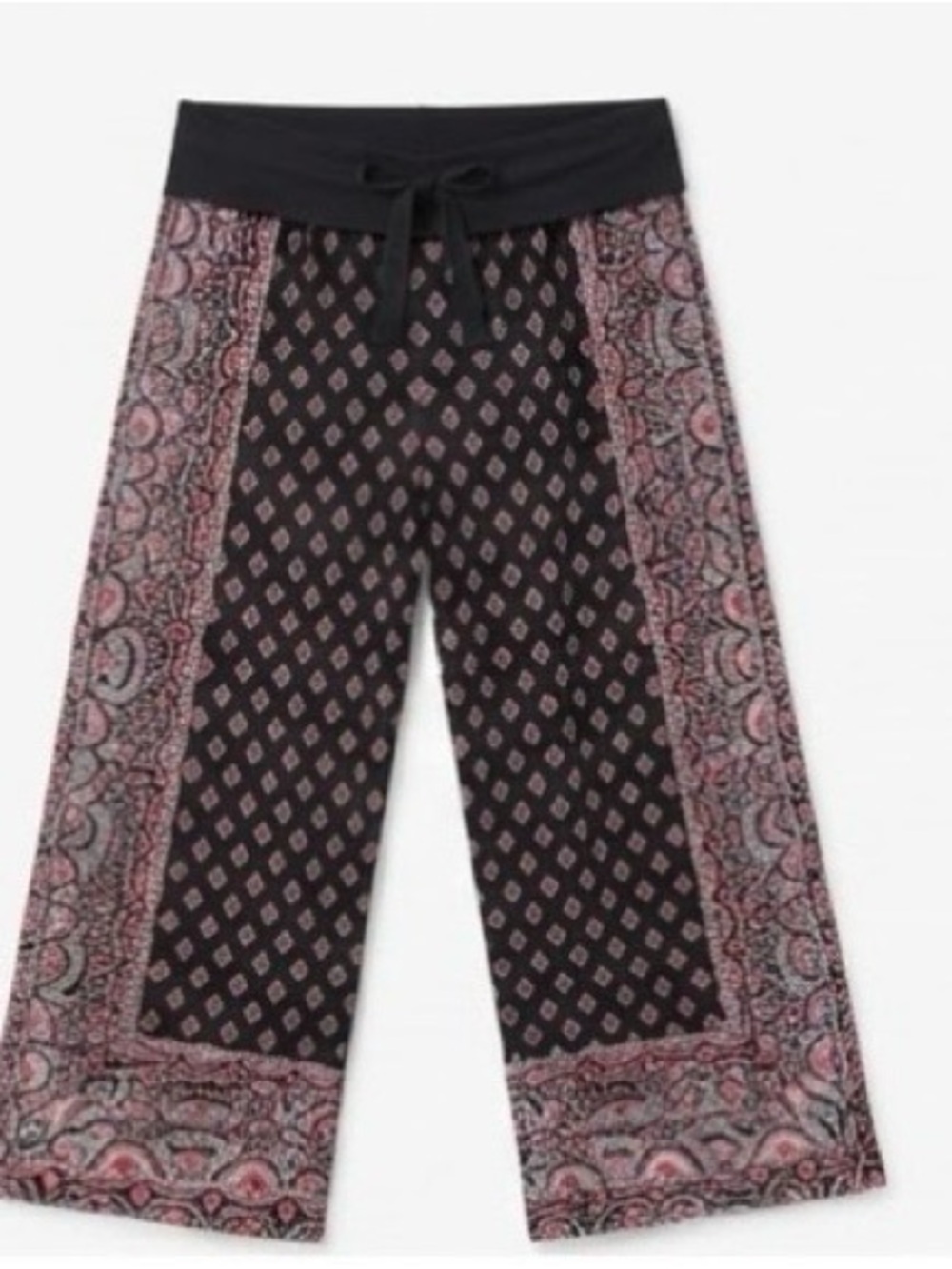 Black Pink Boho Print Wide Leg Foldover Waistband Lounge Pants (Size S)